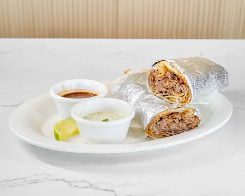Beef boti with charbi, onions, cucumber and sauces